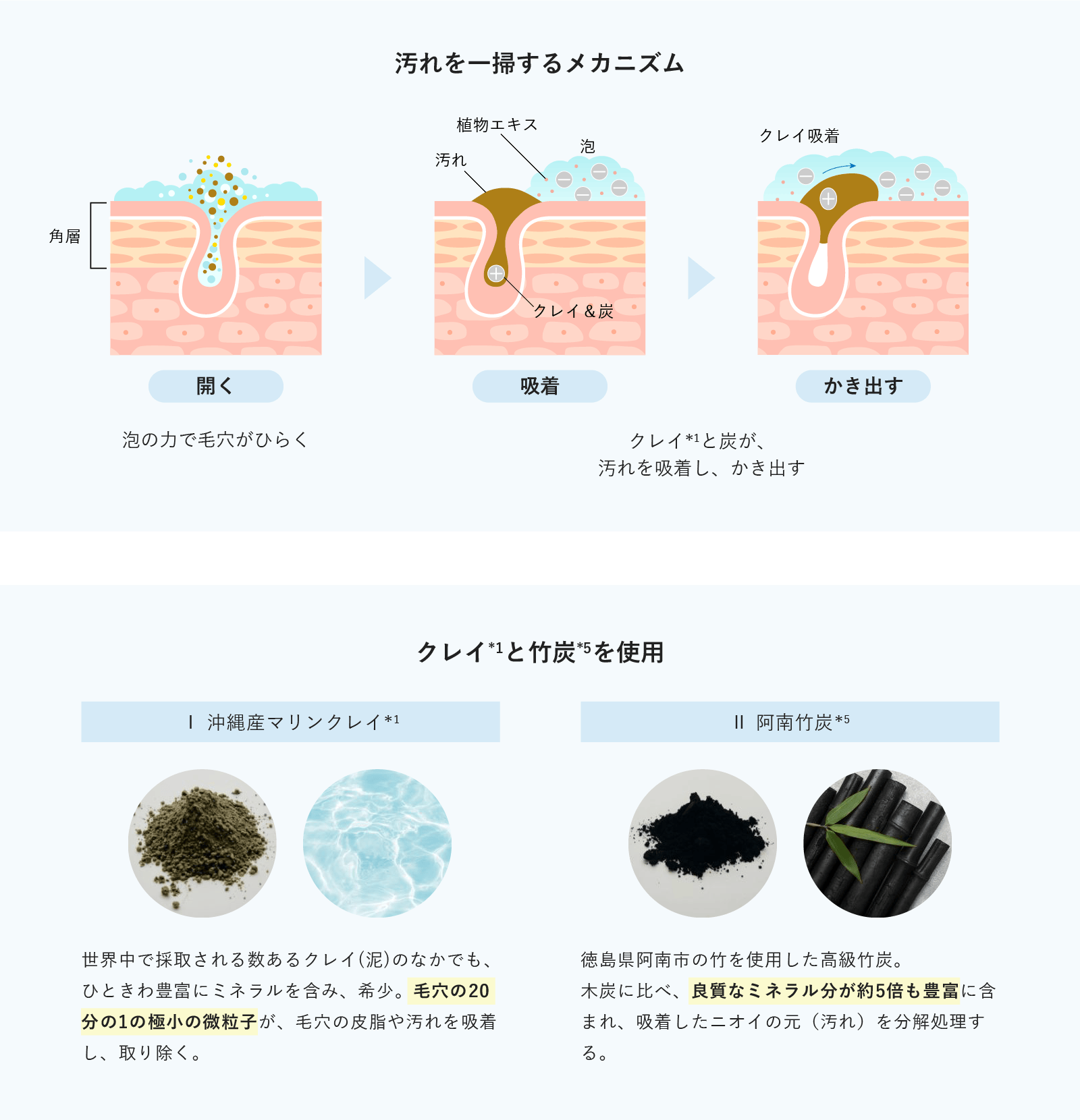 汚れを一掃するメカニズム クレイと竹炭を使用