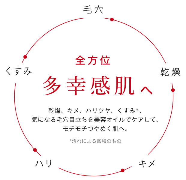 全方位 多幸福感へ 乾燥、キメ、ハリツヤ、くすみ＊、気になる毛穴目立ちを美容オイルでケアして、モチモチつやめく肌へ。 *汚れによる蓄積のもの